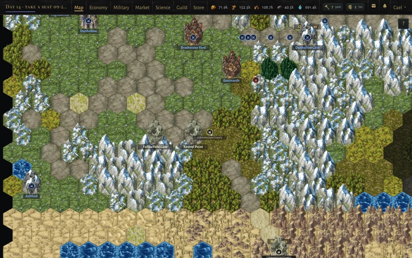 The map mid-round: cities and army counters on painted hex terrain