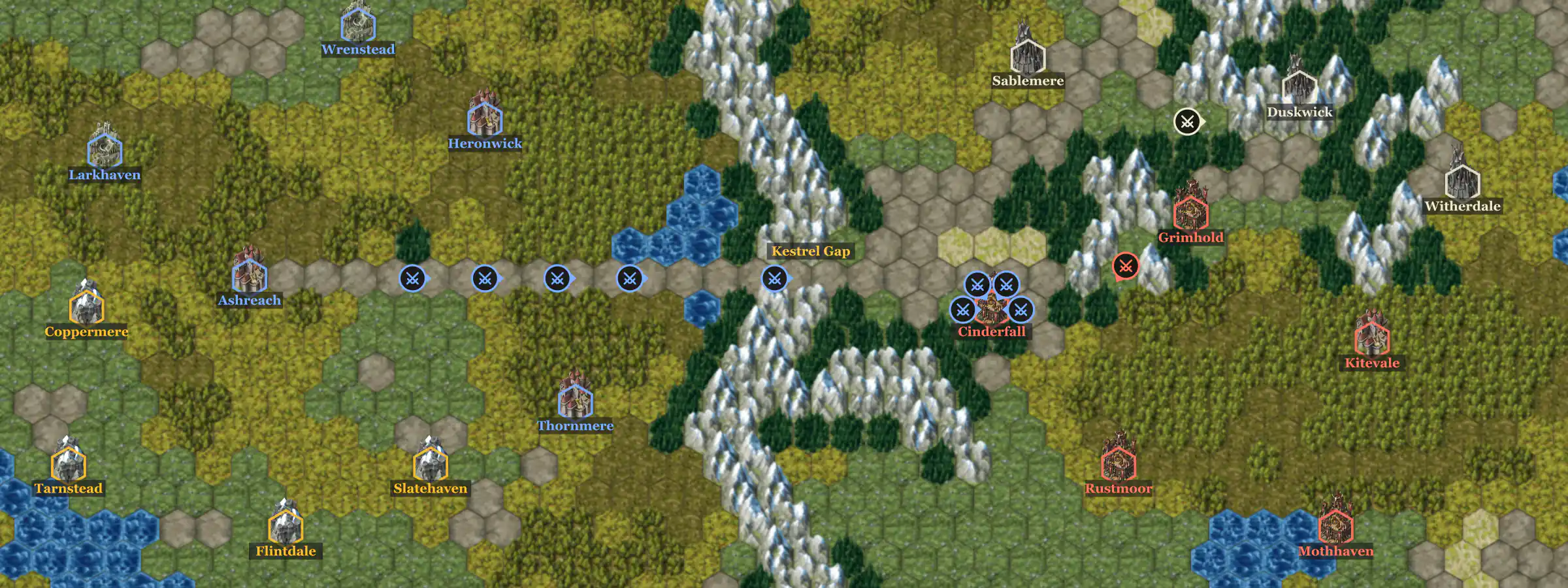 The game's map: painted hexes of forest, mountain and lake, castles ringed in four guilds' colours, armies round a city and on the road through a mountain pass.